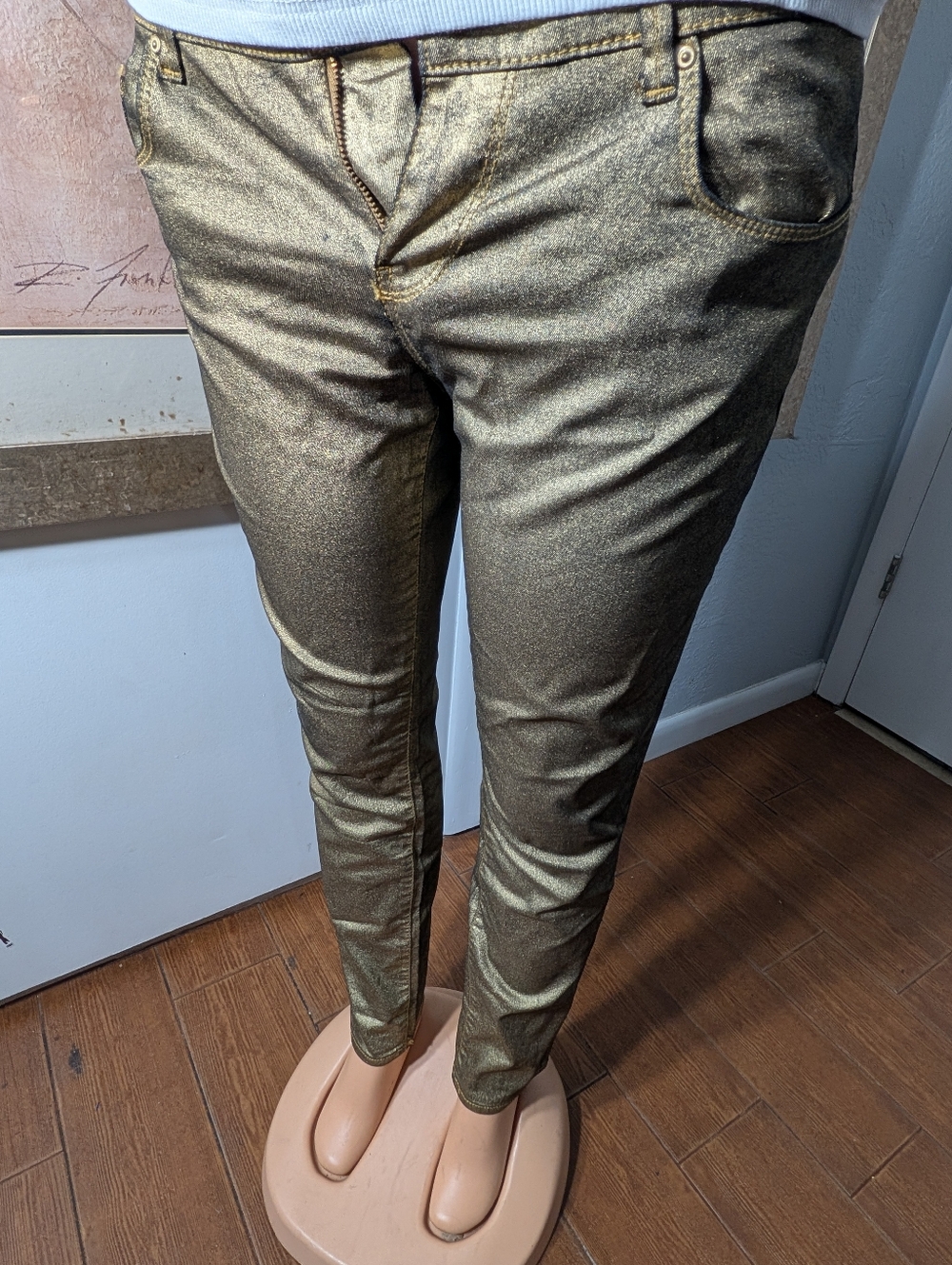 Zara Women Premium Denim Wear Collection Metallic Gold Slim Fit Pants Size 00